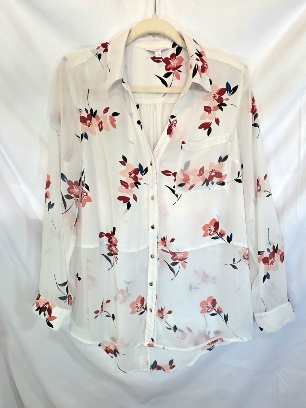 Candie's Floral Cottagecore Sheer Fairy Peplum Casual Collared Blouse Size L